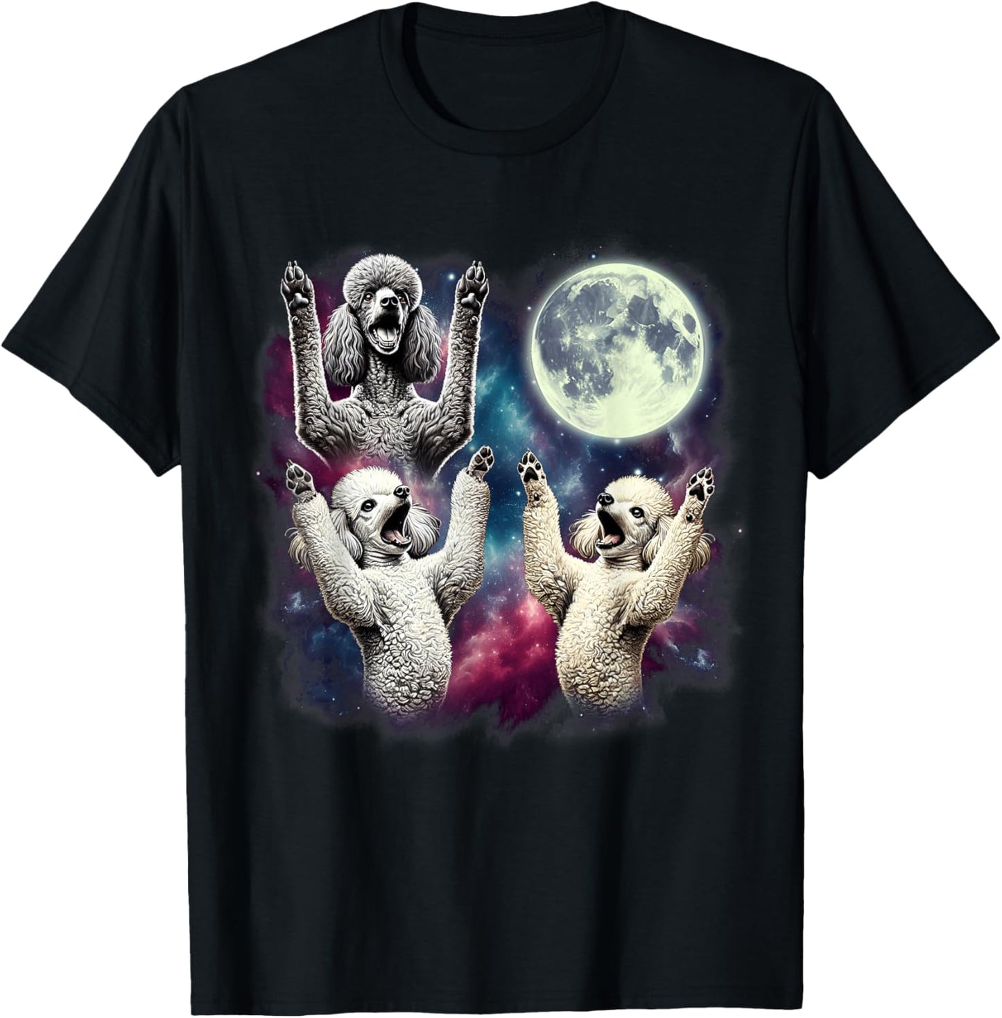Three Poodles Howling at Moon Funny Weird Cursed Meme T-Shirt - T-Shirt | Black