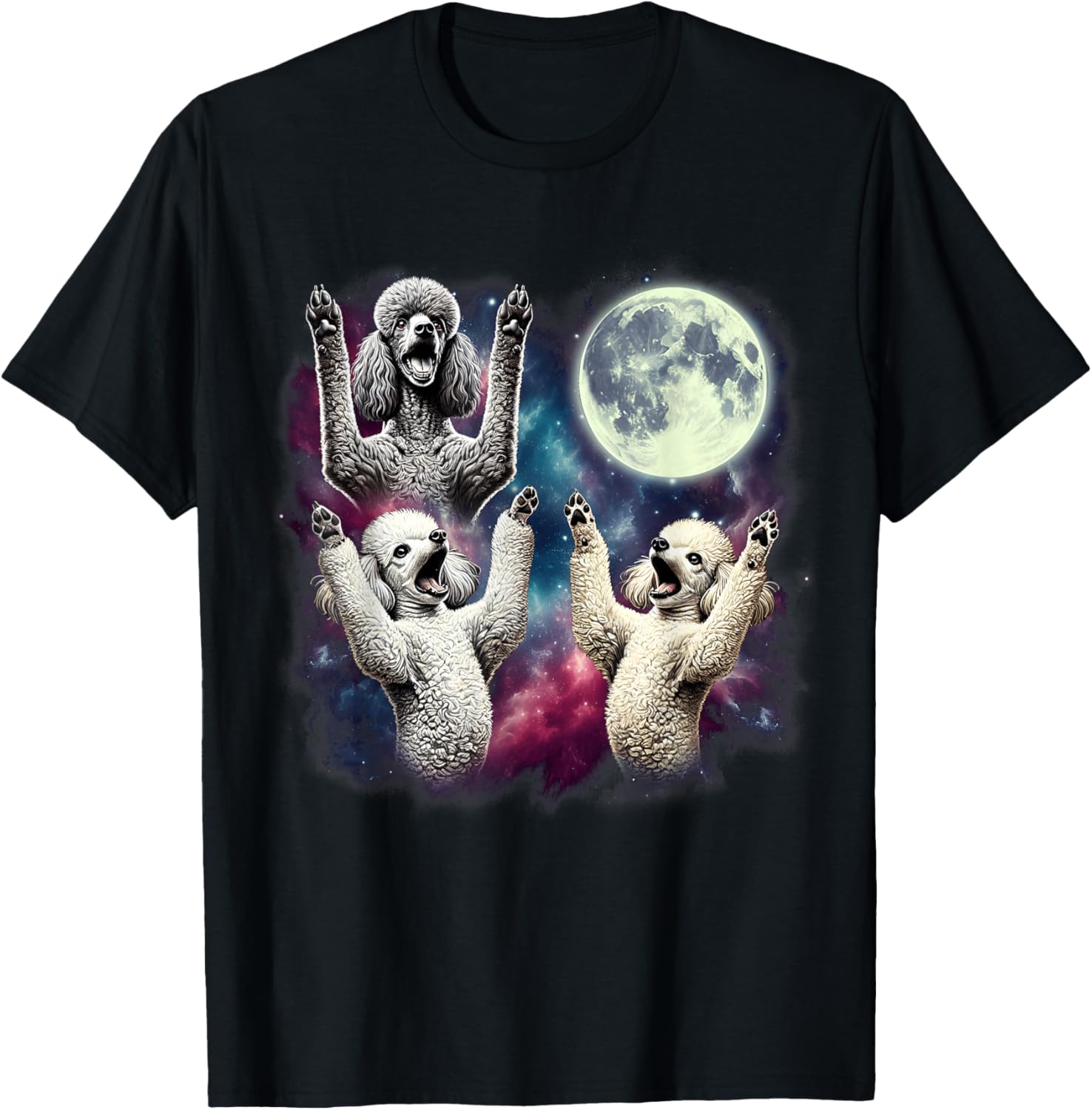 Three Poodles Howling at Moon Funny Weird Cursed Meme T-Shirt - T-Shirt | Black