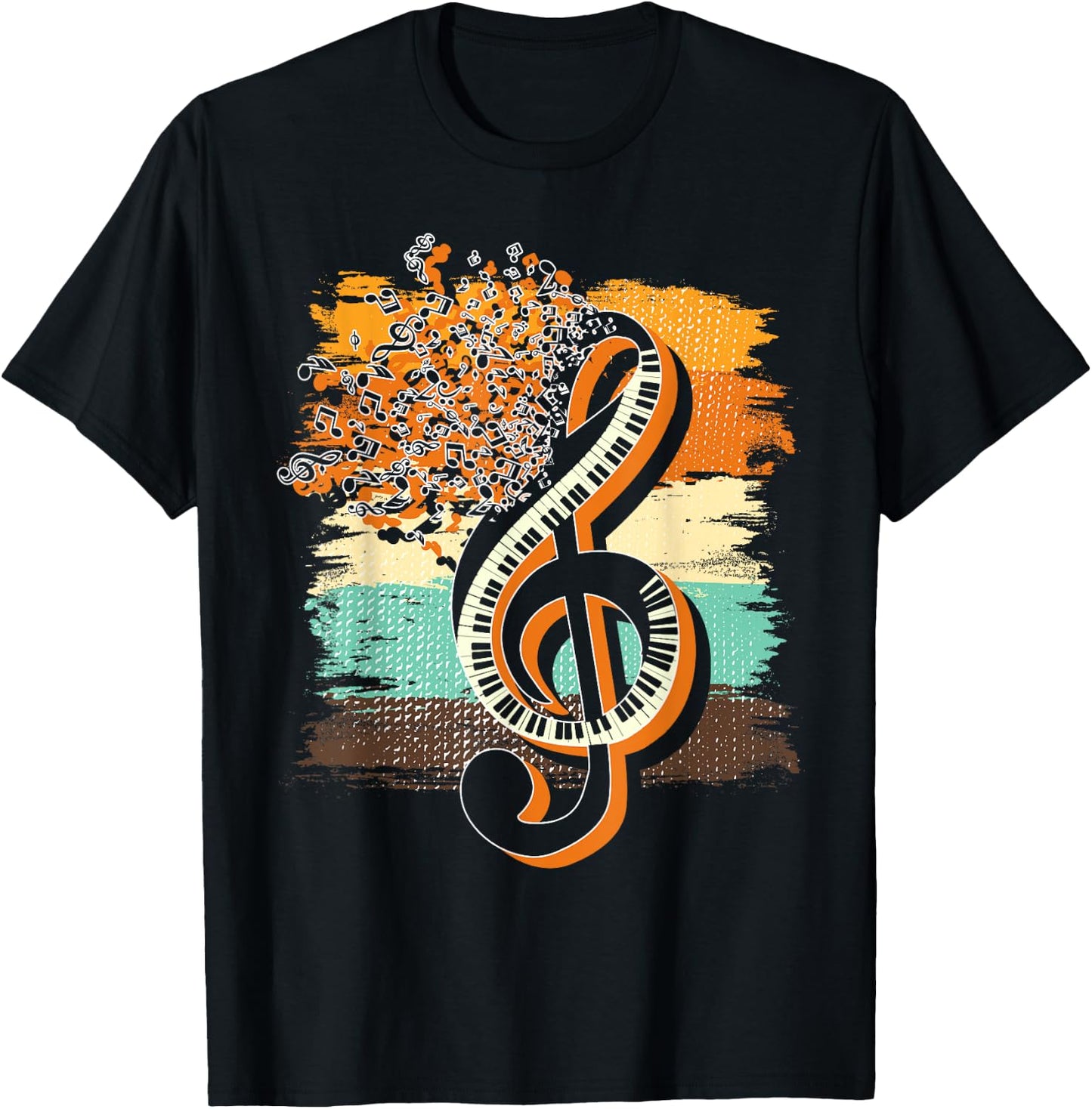 Retro Musician Music Notes Piano Keys Treble Clef Music T-Shirt - T-Shirt | Black
