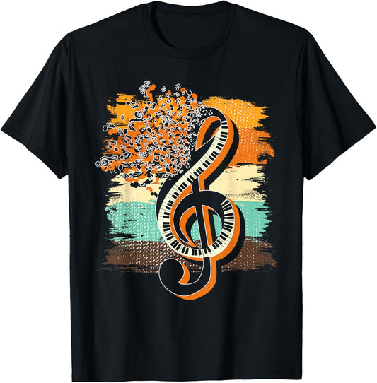 Retro Musician Music Notes Piano Keys Treble Clef Music T-Shirt - T-Shirt | Black