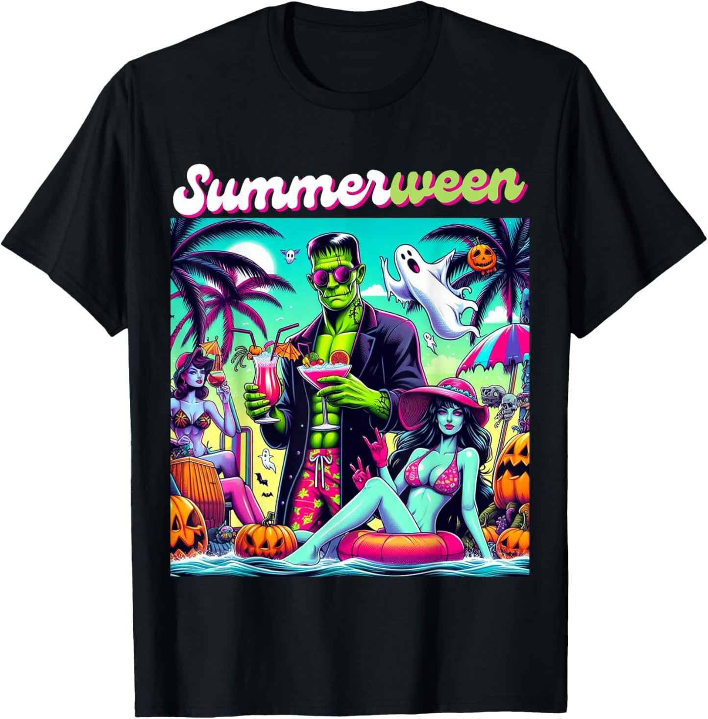 Happy Summerween Summer Halloween Holiday Beach Vibes Spooky T-Shirt - T-Shirt | Black