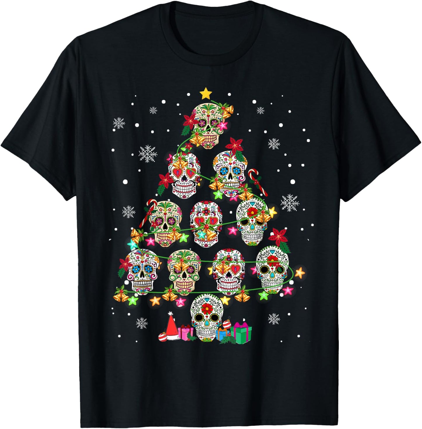 Skull Christmas Tree Funny Mexican Flower Sugar Skull T-Shirt - T-Shirt | Black