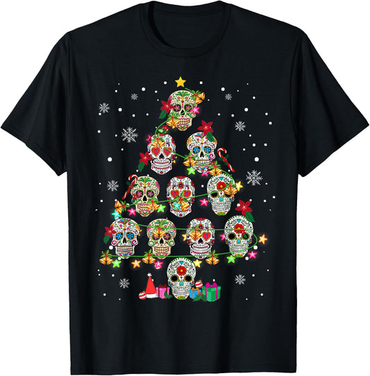 Skull Christmas Tree Funny Mexican Flower Sugar Skull T-Shirt - T-Shirt | Black