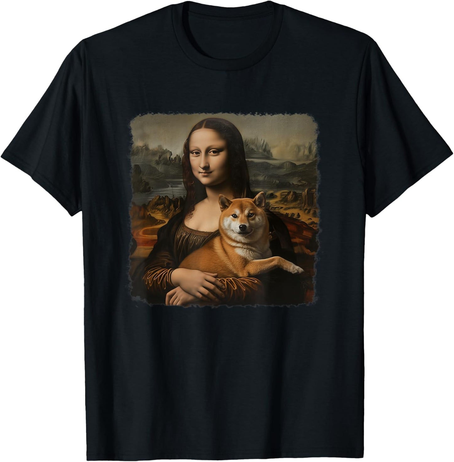 Mona Lisa With with Dog Funny Shiba Inu Art Painting T-Shirt - T-Shirt | Black