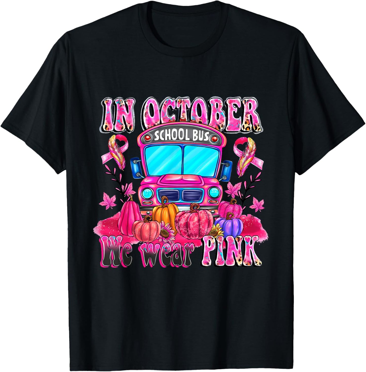 In October We Wear Pink School Bus Halloween Skeleton Outfit T-Shirt - T-Shirt | Black