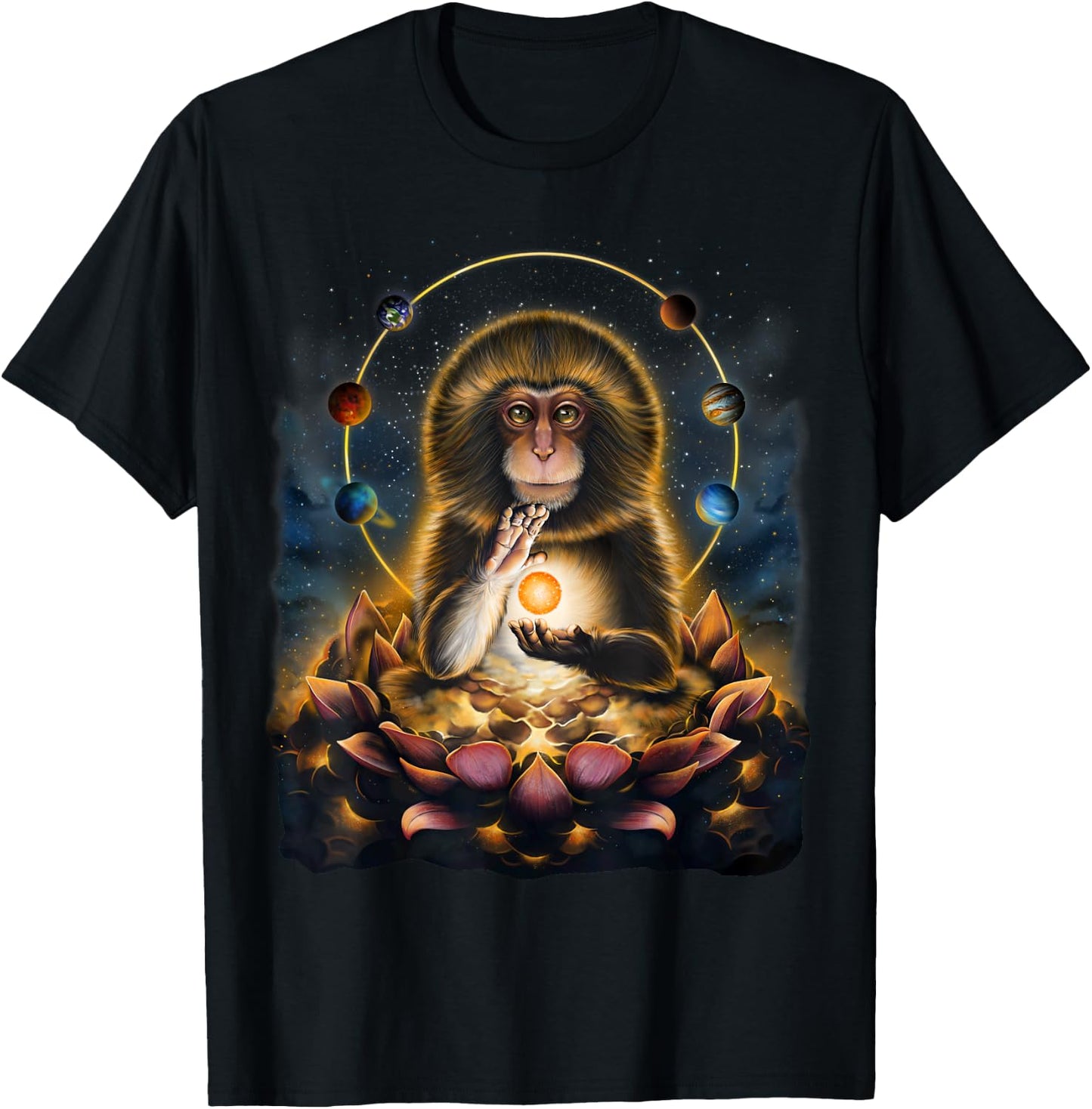 Celestial Monkey Holding Sun Surrounded by Planets and Lotus T-Shirt - T-Shirt | Black