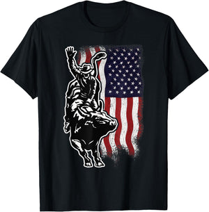 USA Patriotism Rider Independence Day Gift American Flag Bull Riding Cowboy 4th Of July Patriotic Rodeo -Adults Boys T-Shirt - T-Shirt | Black