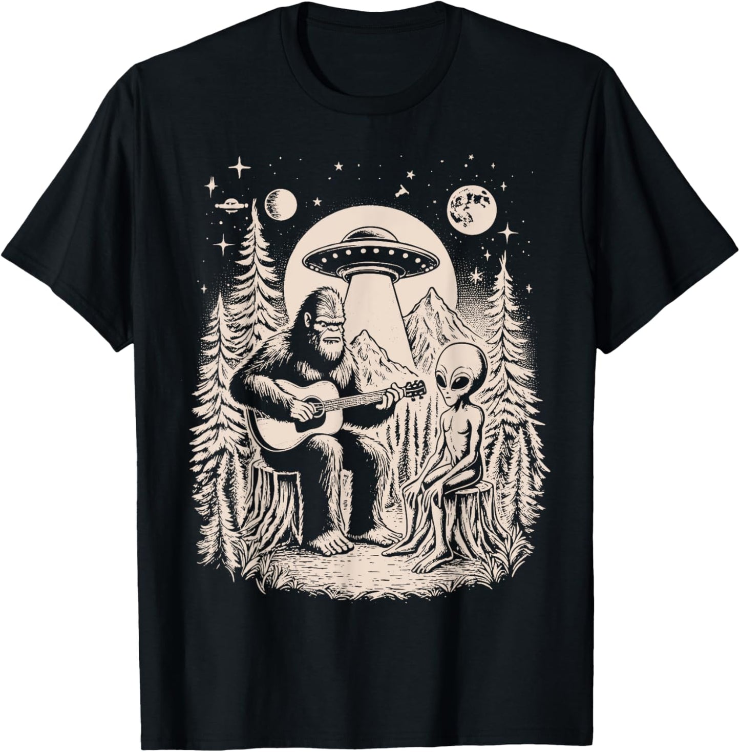Funny Big Foot Alien Spaceship Big Foot Sasquatch Ape Guitar T-Shirt - T-Shirt | Black