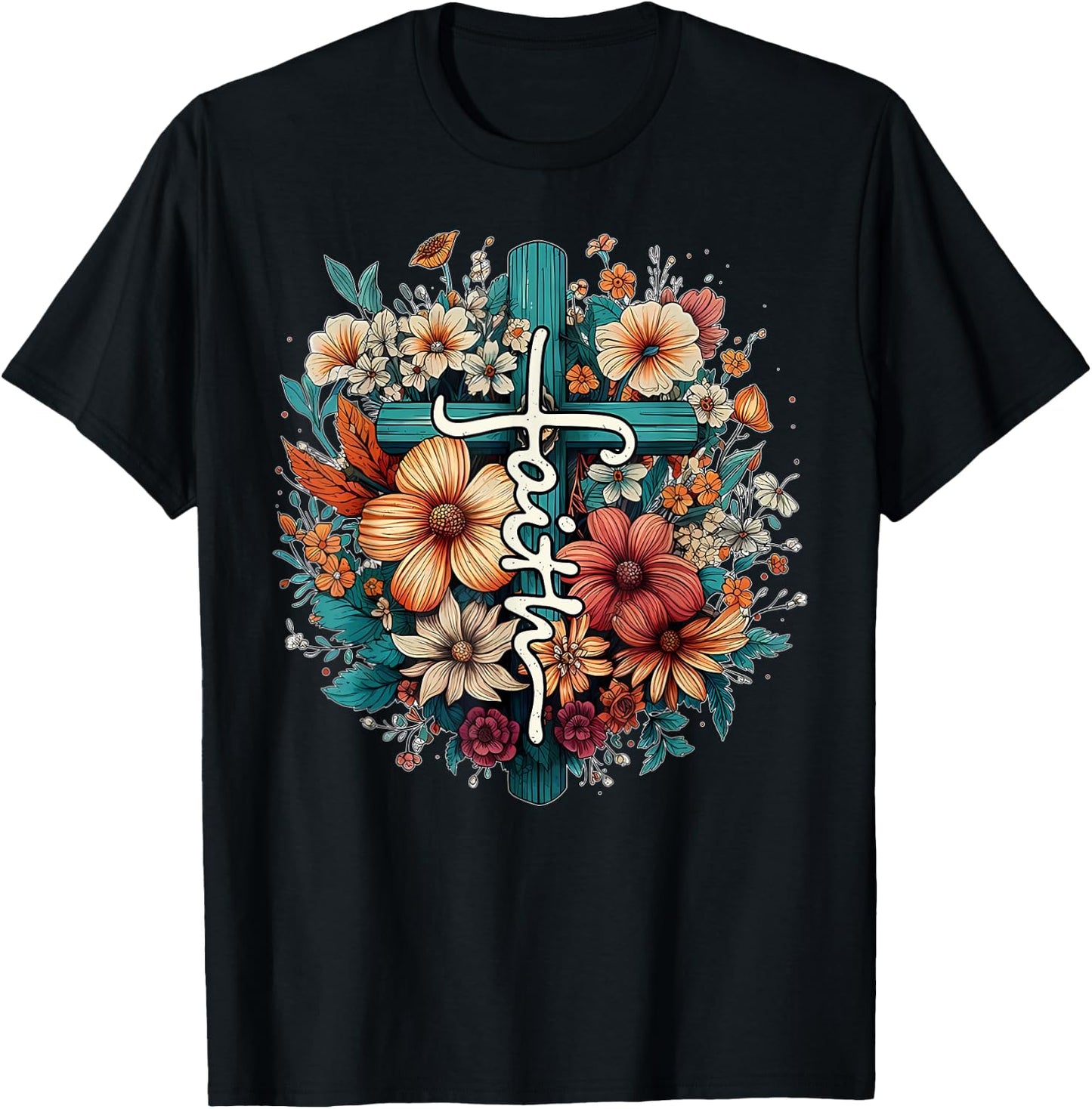 Retro Floral Christian Butterfly Faith Cross Vintage Faith T-Shirt - T-Shirt | Black