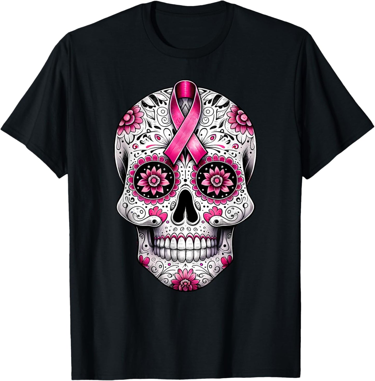 Pink Ribbon Sugar Skull Calavera Breast Cancer Awareness T-Shirt - T-Shirt | Black