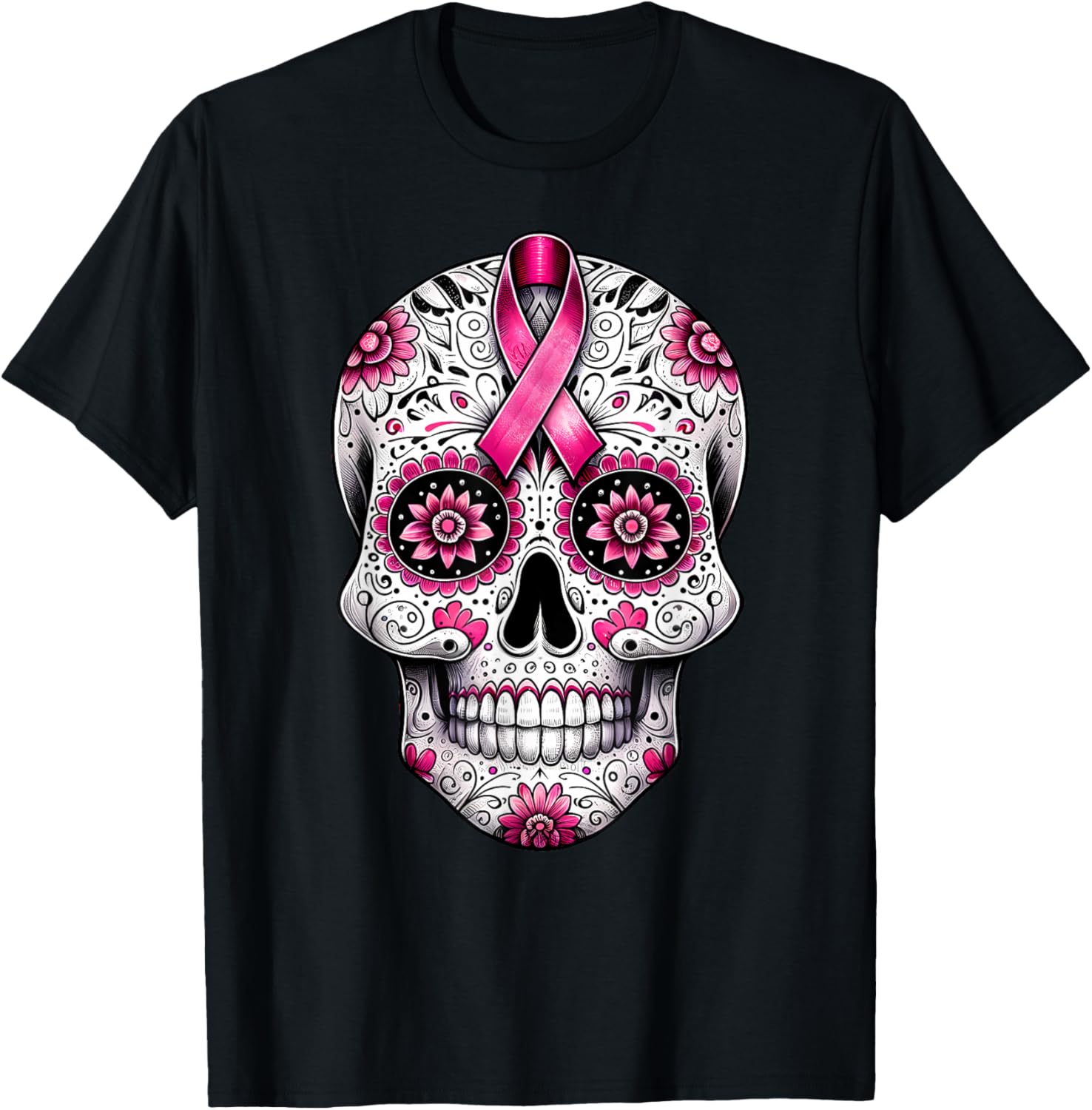 Pink Ribbon Sugar Skull Calavera Breast Cancer Awareness T-Shirt - T-Shirt | Black