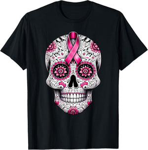 Pink Ribbon Sugar Skull Calavera Breast Cancer Awareness T-Shirt - T-Shirt | Black