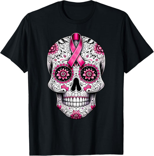 Pink Ribbon Sugar Skull Calavera Breast Cancer Awareness T-Shirt - T-Shirt | Black