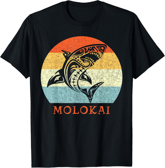 Molokai, Hawaii Vintage Shark Retro Throwback Vacation T-Shirt - T-Shirt | Black