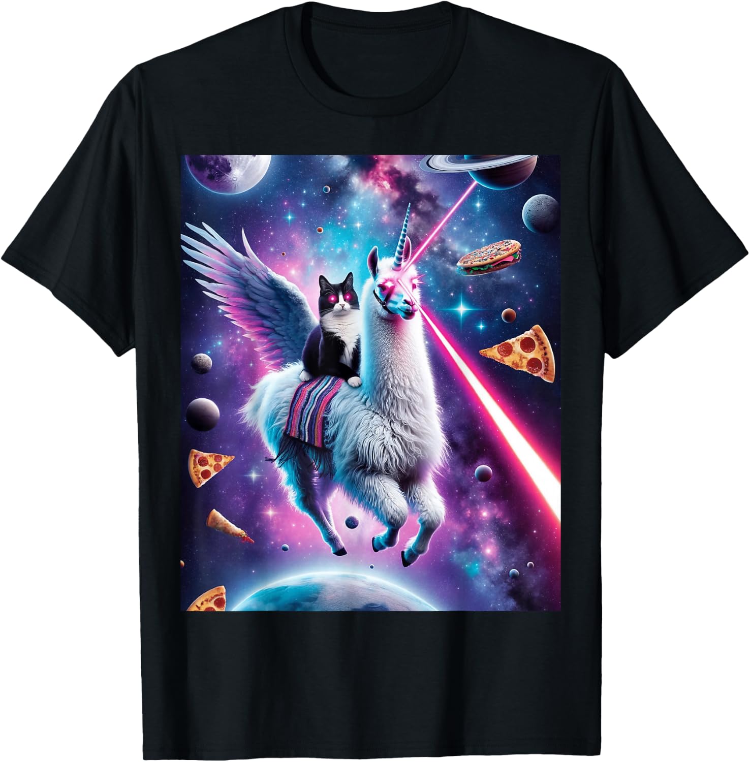 Laser Eyes Outer Space Cat Riding Llama Unicorn Ufo Tacos T-Shirt - T-Shirt | Black