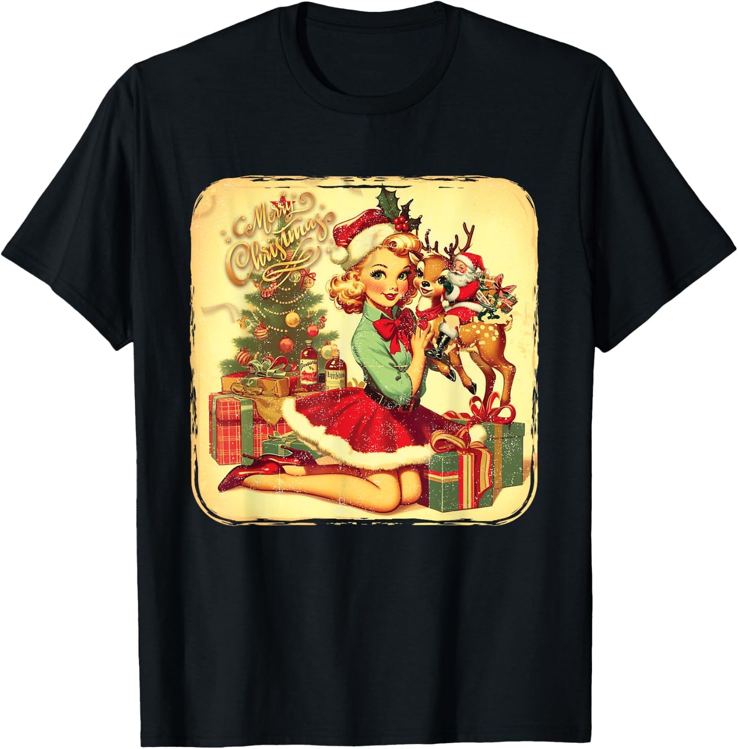 Vintage Pin Up Little Girl Reindeer Retro 1950S Christmas T-Shirt - T-Shirt | Black