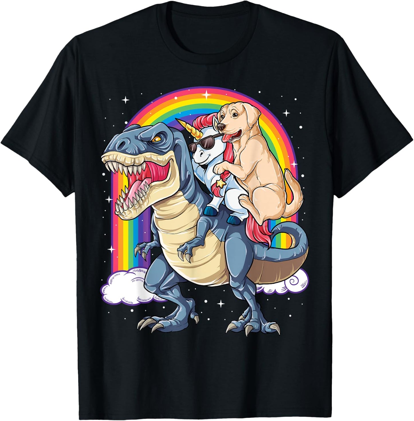 Labrador Unicorn Riding Dinosaur T-rex Girls Kids Rainbow T-Shirt - T-Shirt | Black