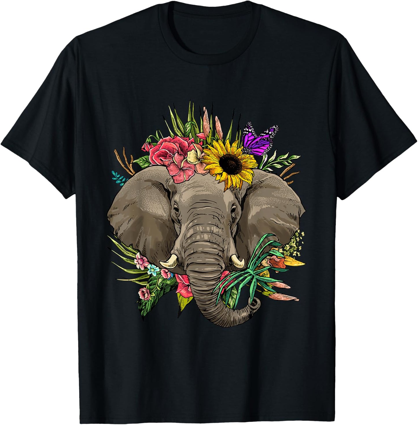 Wowsome! Elephant Floral Animal Face Elephant Lovers -Adults T-Shirt - T-Shirt | Black