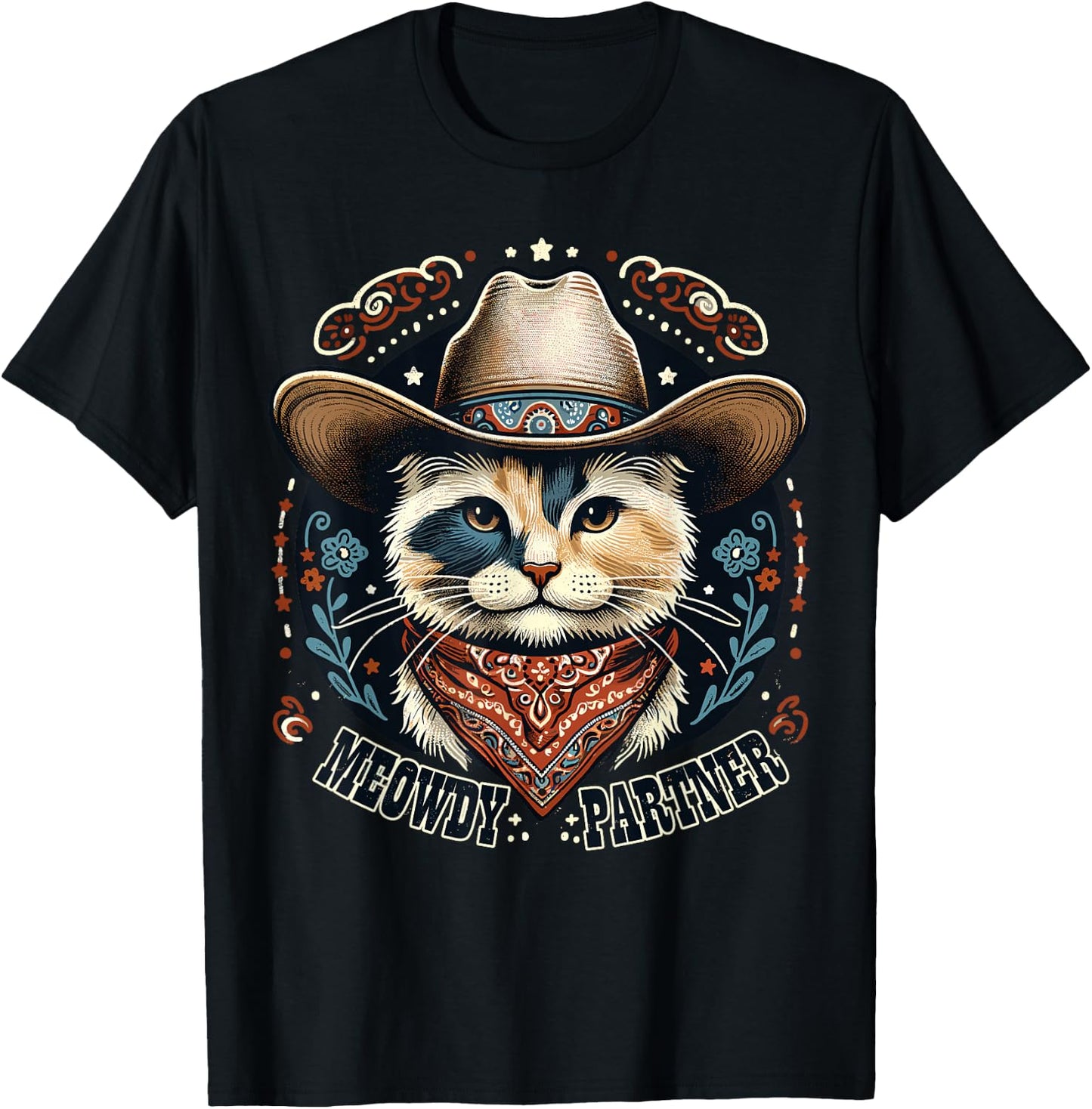 Meowdy Partner Cat Cowboy Hat Howdy Funny Country Western T-Shirt - T-Shirt | Black