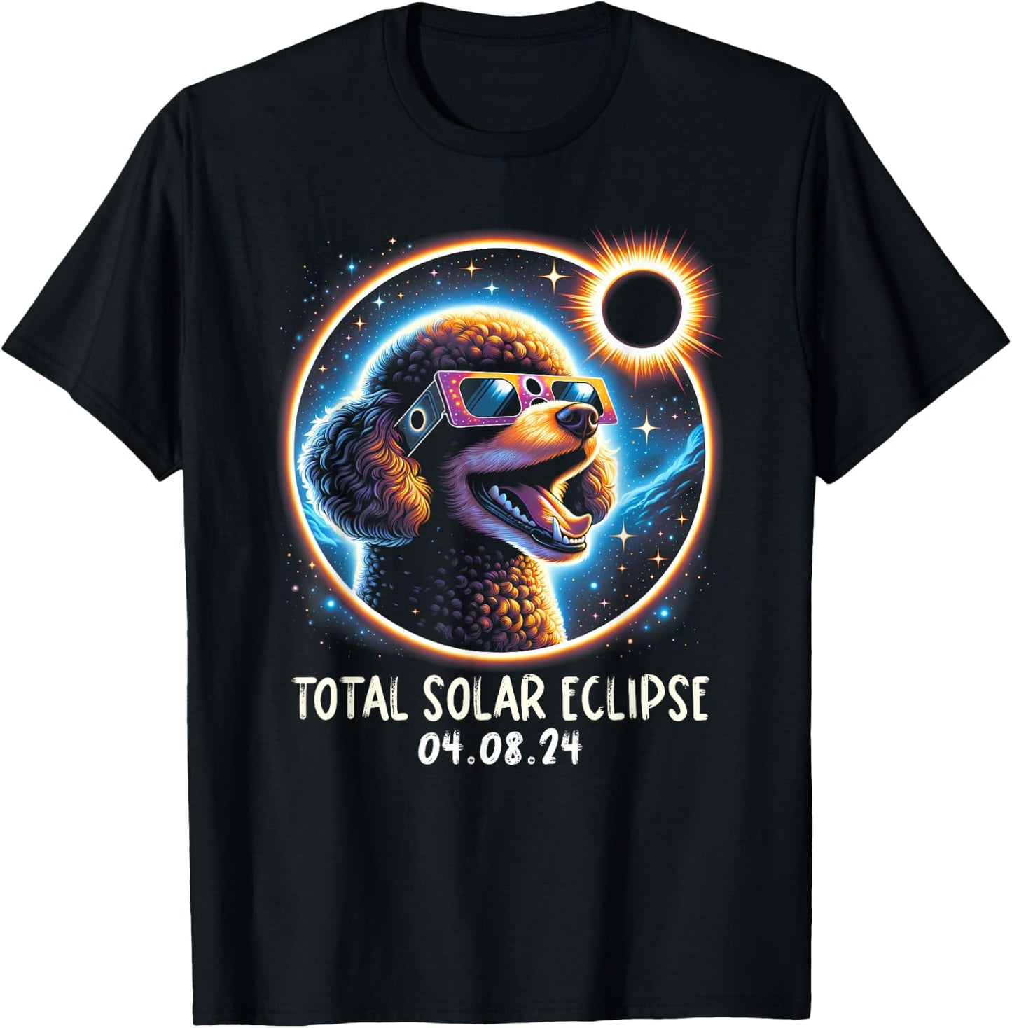 Solar Eclipse Poodle Wearing Glasses Pet April 8 2024 T-Shirt - T-Shirt | Black