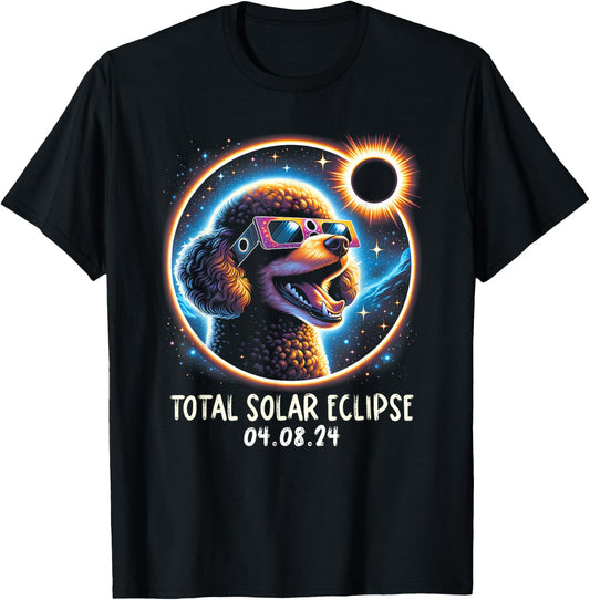 Solar Eclipse Poodle Wearing Glasses Pet April 8 2024 T-Shirt - T-Shirt | Black