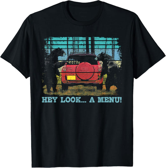 Hey Look A Menu Funny Bear Camping Retro Vintage Camper Car T-Shirt - T-Shirt | Black