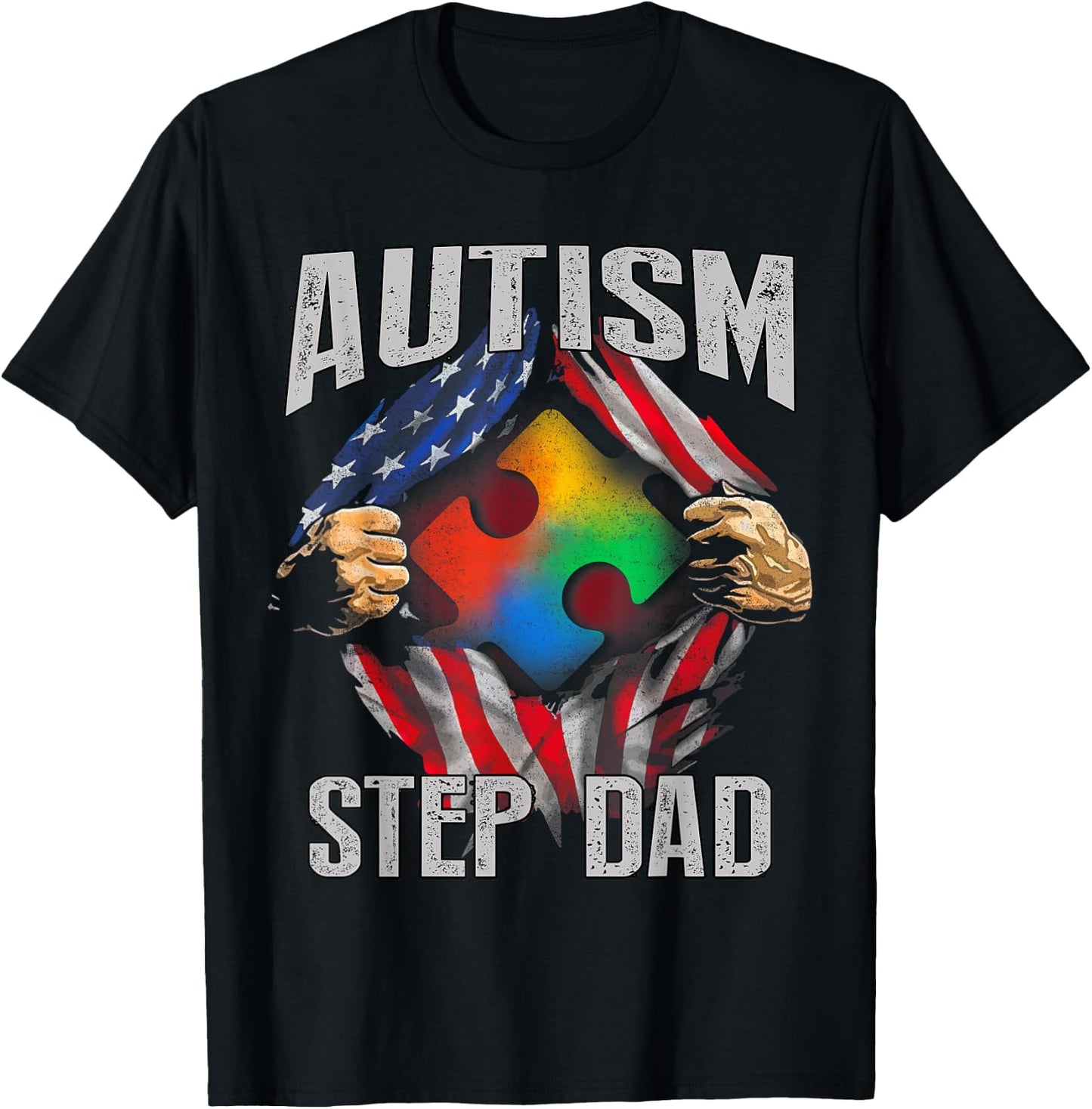 Autism Step Dad American Flag Autism Awareness T-Shirt - T-Shirt | Black