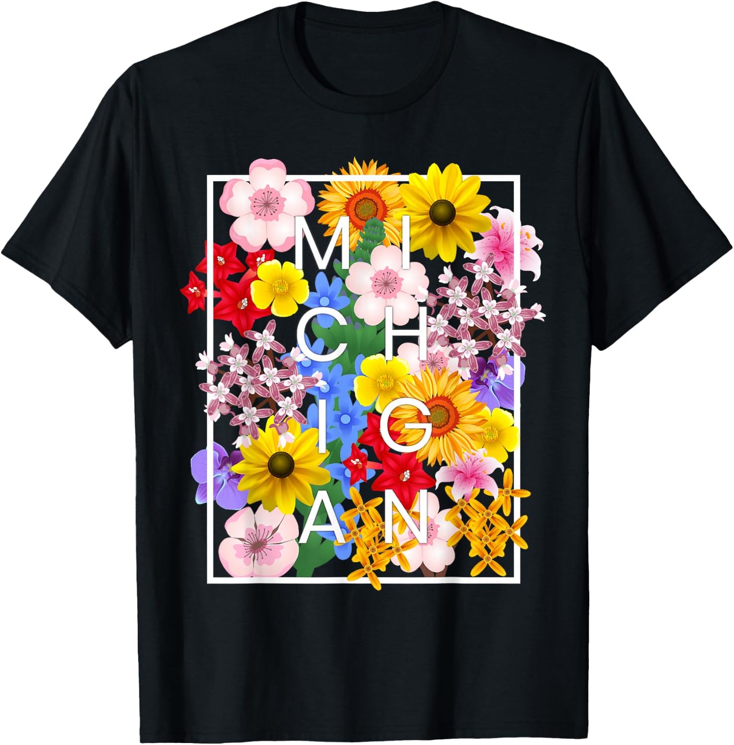 Flowers of Michigan Word Art - Michigander Pride T-Shirt - T-Shirt | Black