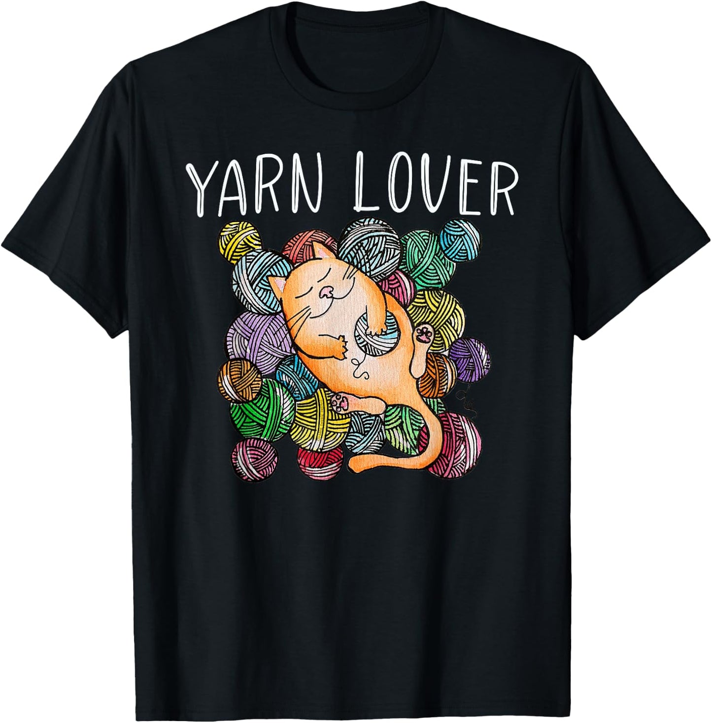 Adorable Knitting and Crochet Happy Cat Yarn Lovers T-Shirt - T-Shirt | Black