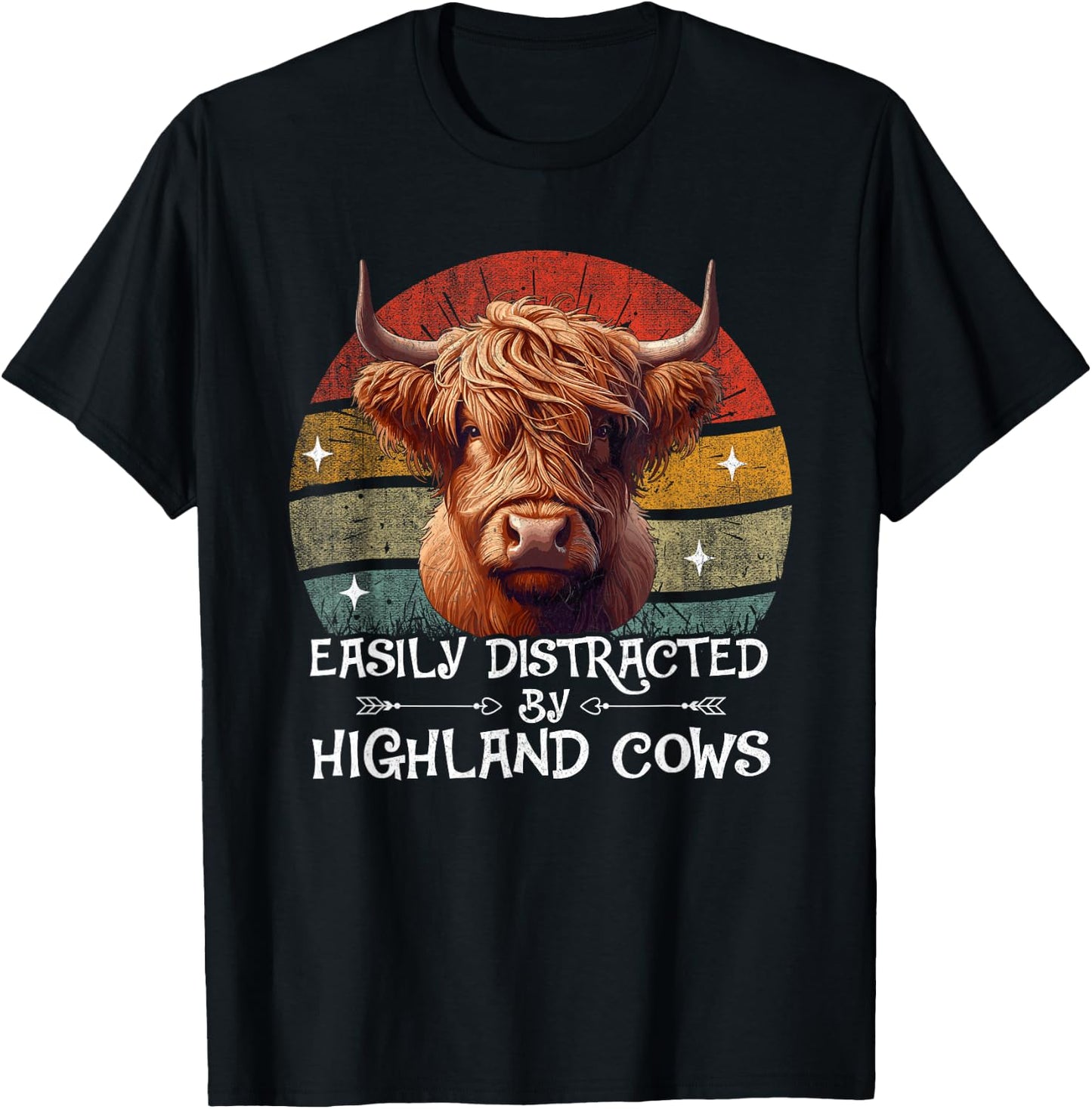 Retro Vintage Farmer | Easily Distracted By Highland Cows T-Shirt - T-Shirt | Black