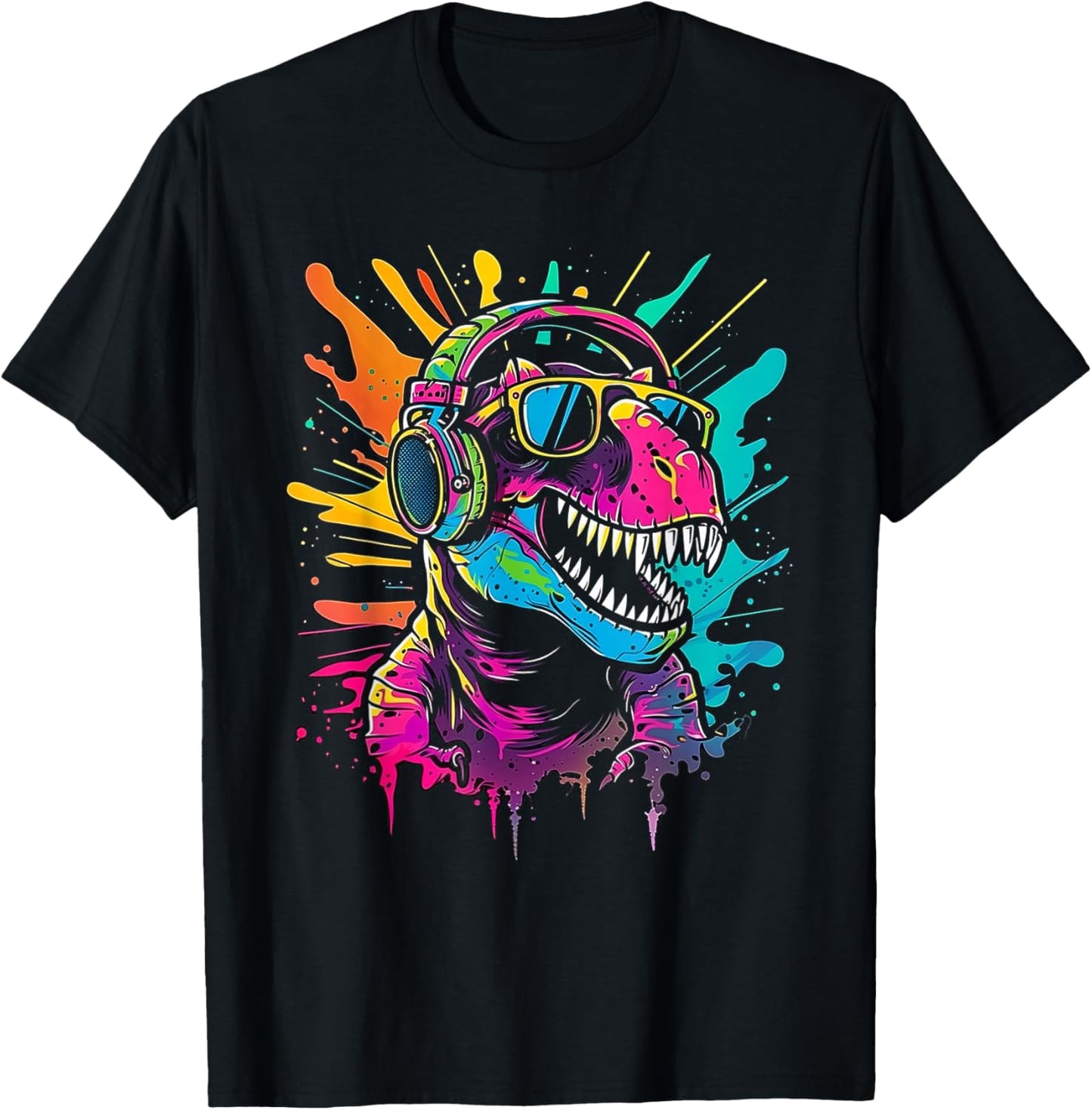 colored dinosaur DJ With Headphones and Sunglasses dino T-Shirt - T-Shirt | Black