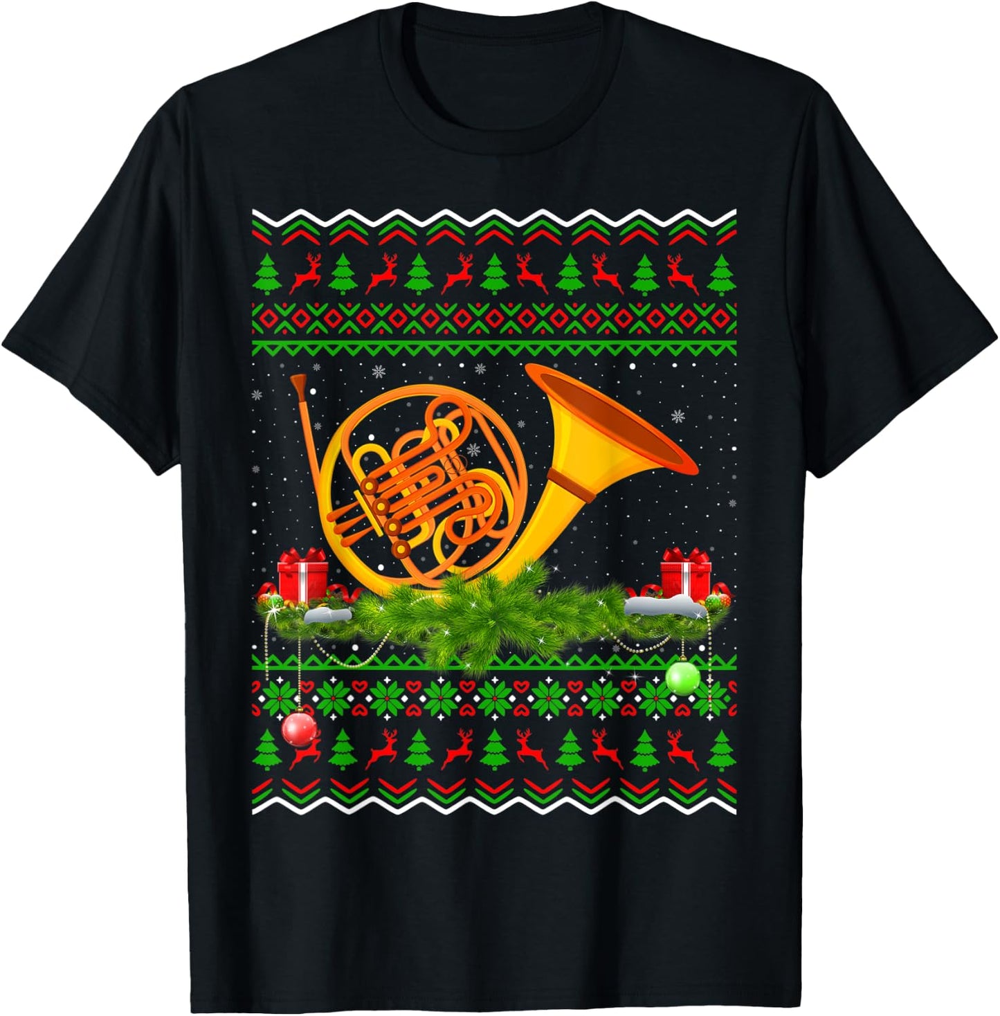 French Horn Music Lover Xmas Gift Ugly French Horn Christmas T-Shirt - T-Shirt | Black