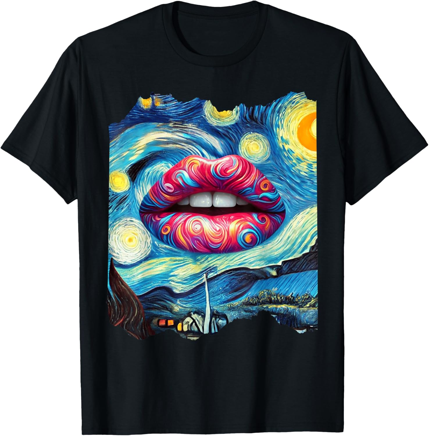 Lips Fashion Van Gogh Art Painting Star Sky Night Lips T-Shirt - T-Shirt | Black