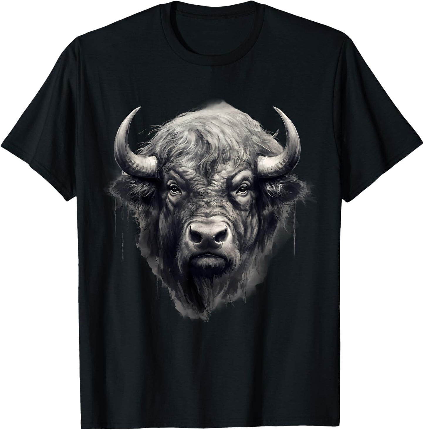 Buffalo Drawing Bison Portrait Nature Artwork Animal Print T-Shirt - T-Shirt | Black