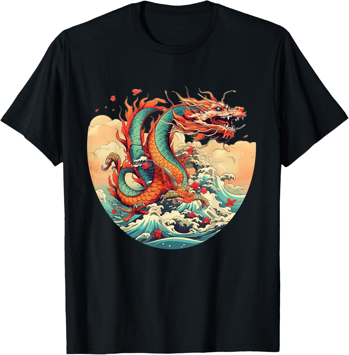 Cool Water Dragons with Sea and Waves T-Shirt - T-Shirt | Black