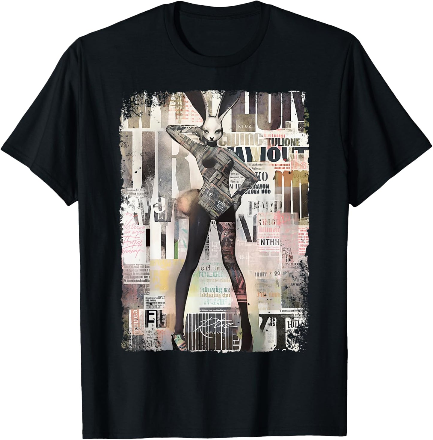 Magazine Cover Vintage Girl Bunny Collage Sexy Model Pin-Up T-Shirt - T-Shirt | Black