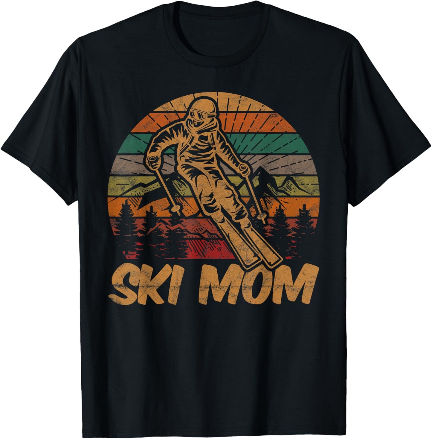 Retro Ski Mom Sunset Gift Mother Skier Fan Skiing Mama T-Shirt - T-Shirt | Black