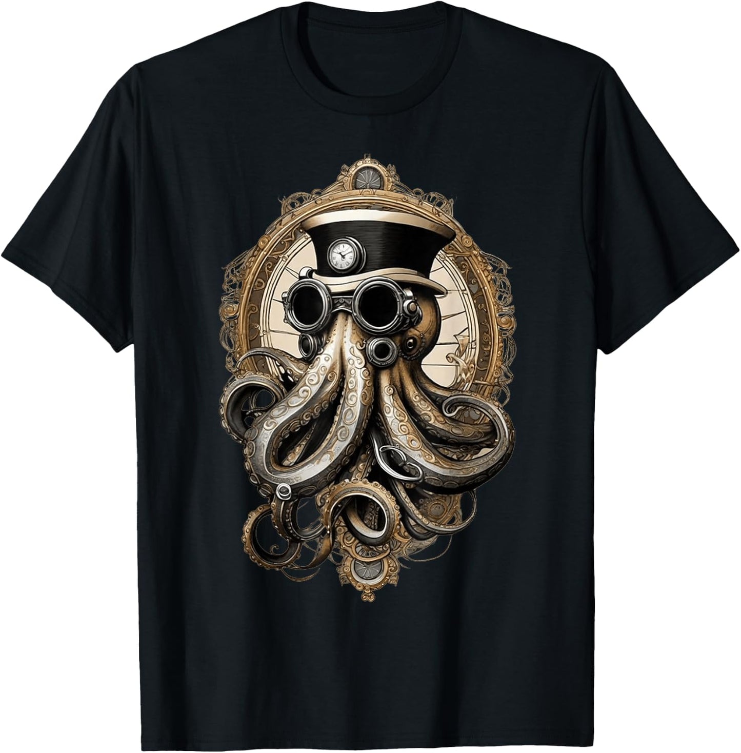 Classic Steampunk Octopus Retro Vintage Funky Fun Graphic T-Shirt - T-Shirt | Black