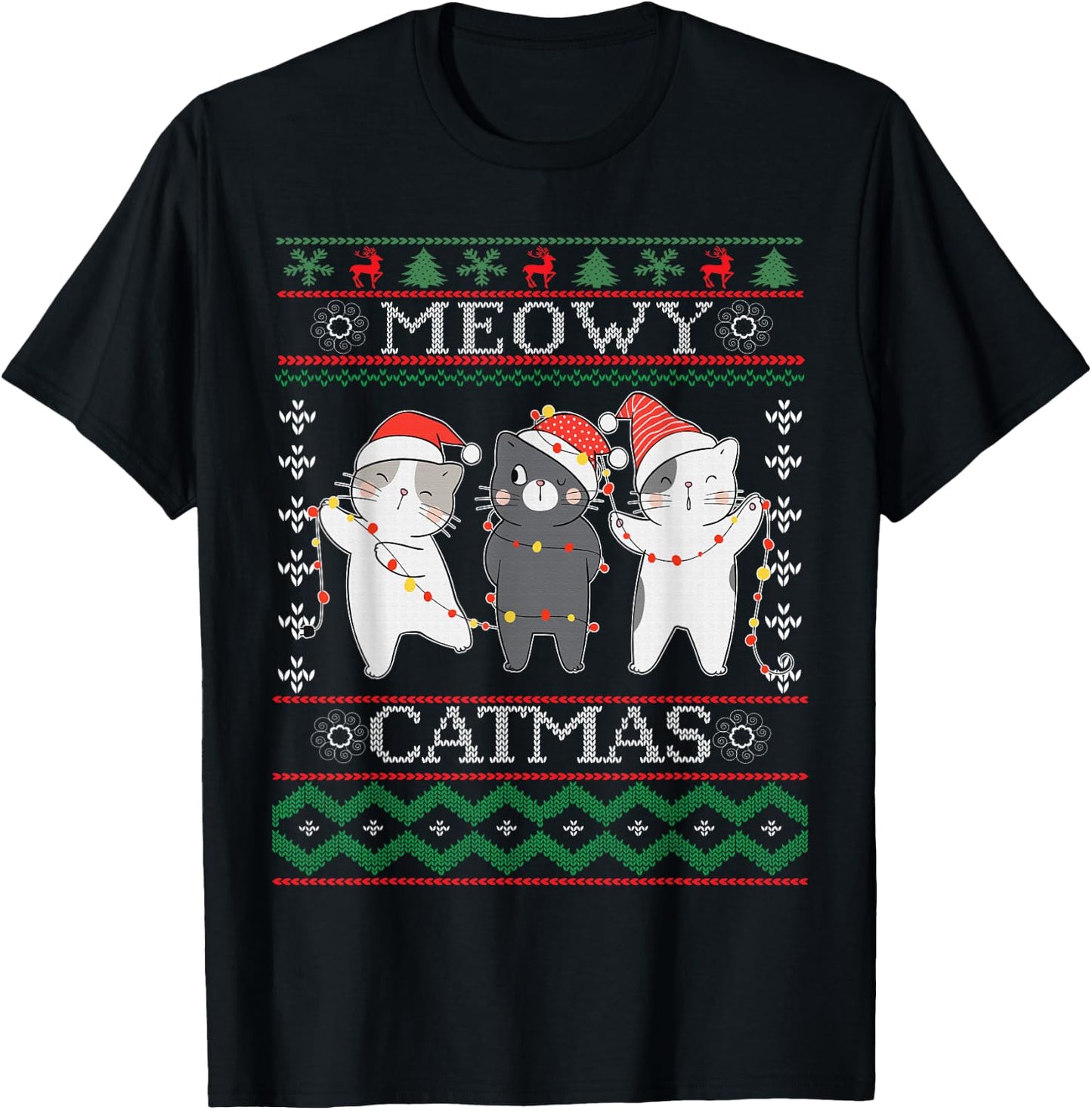 Funny Christmas Cat Matching Family Pajamas Meowy Catmas T-Shirt - T-Shirt | Black