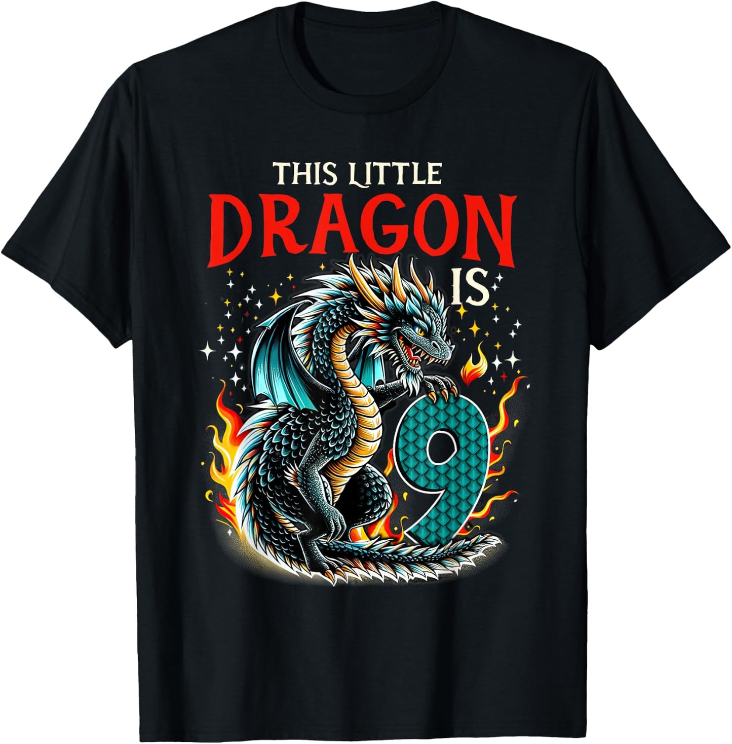 Turning 9 Year Old Birthday Boy Dragon 9th Bday Girl T-Shirt - T-Shirt | Black