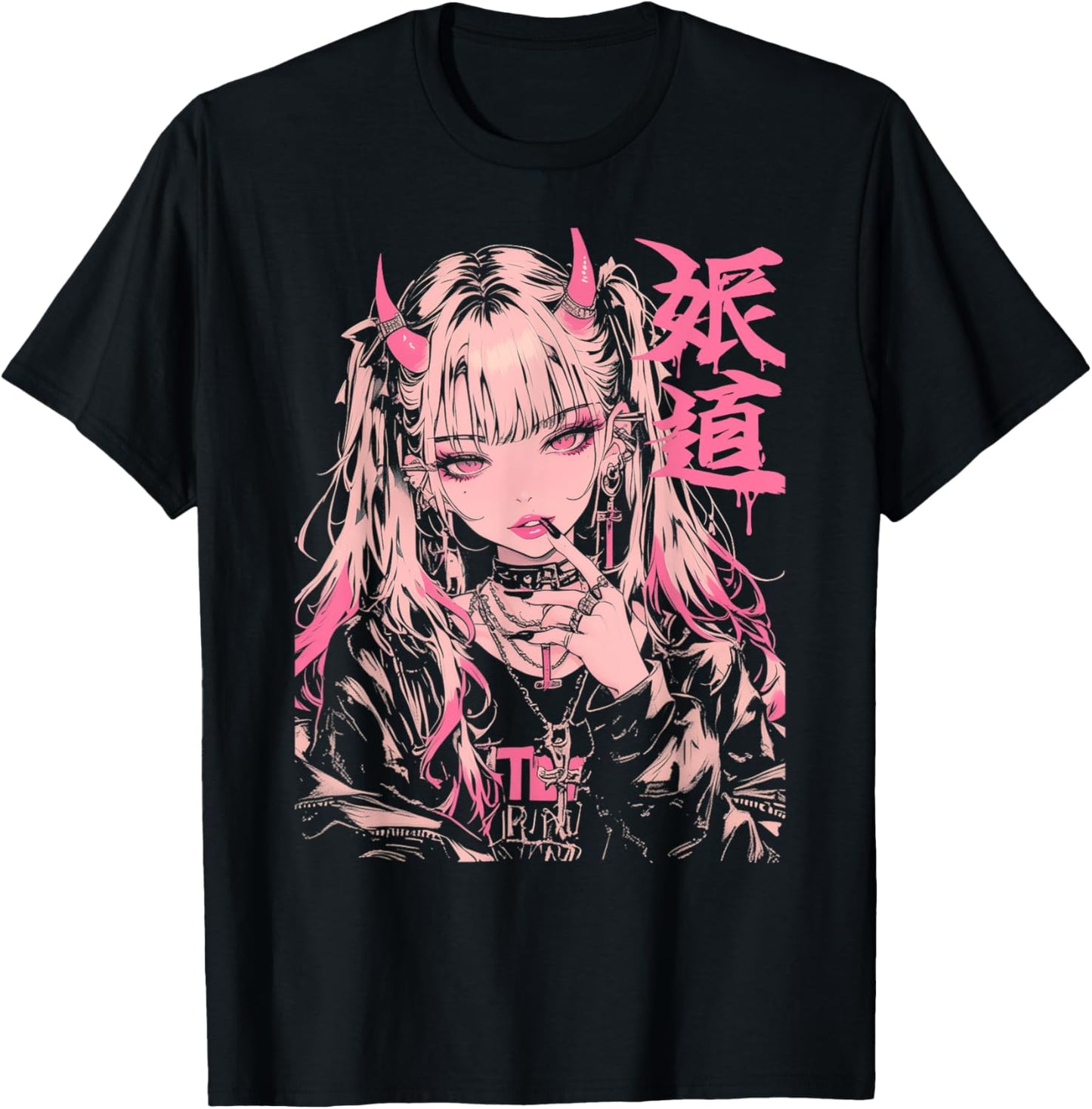 Goth Grunge Demon Anime Girl Waifu Horror Alt Aesthetic T-Shirt - T-Shirt | Black