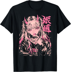 Goth Grunge Demon Anime Girl Waifu Horror Alt Aesthetic T-Shirt - T-Shirt | Black