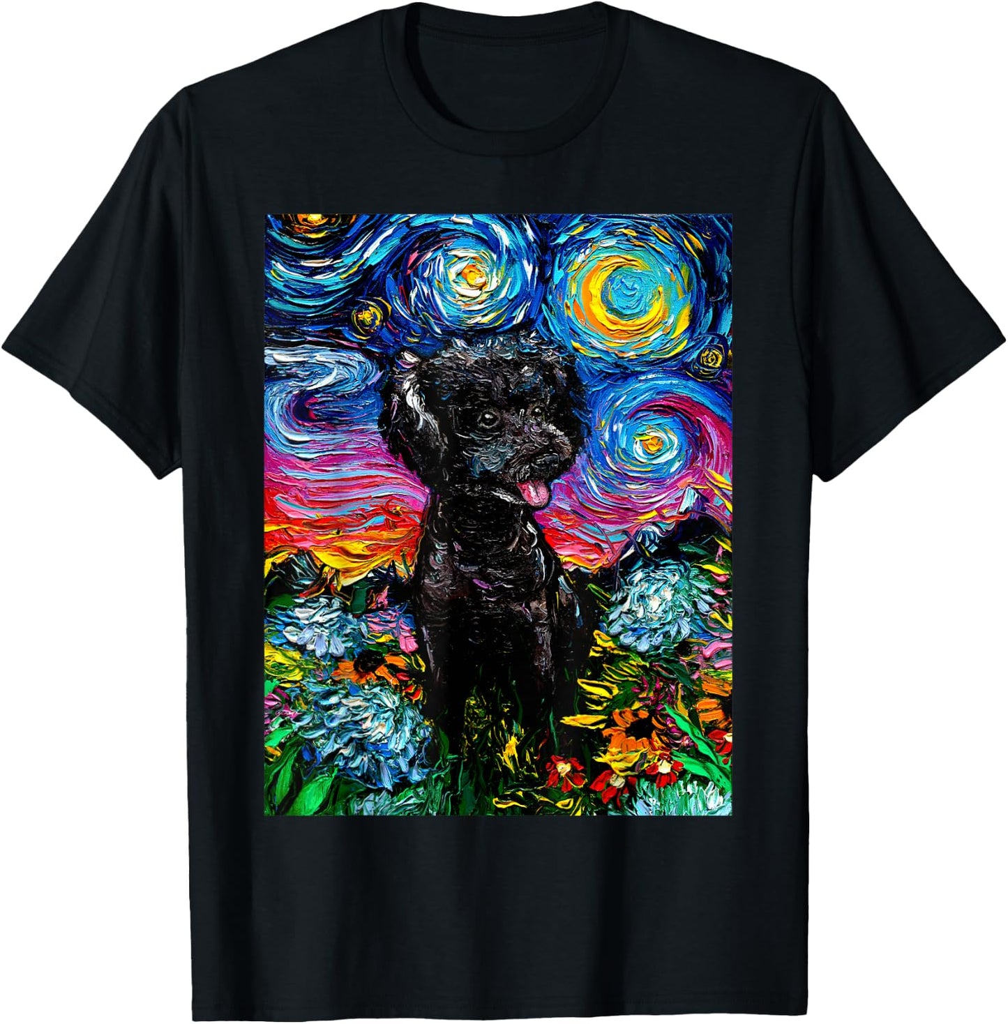 Cute Black Poodle and Flowers Starry Night Dog Art by Aja Women Kids T-Shirt - T-Shirt | Black