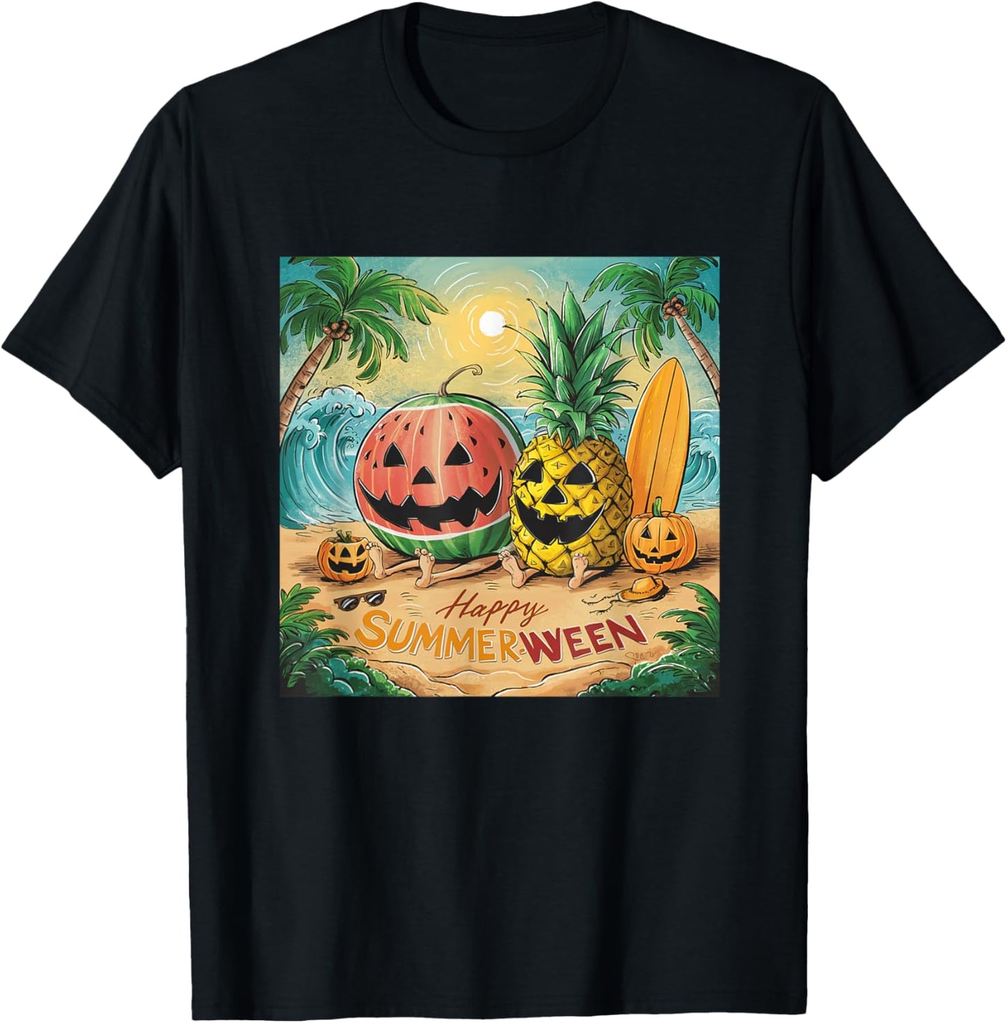 Happy Summerween Watermelon Pineapple Beach Vibes Halloween Women Kids T-Shirt - T-Shirt | Black