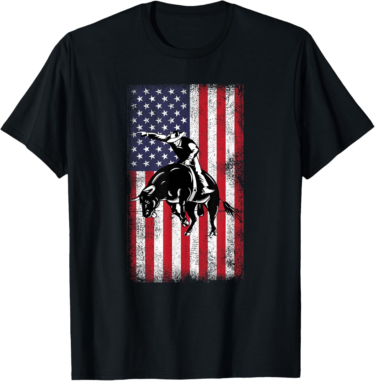 Rodeo Bull Rider Cowboys Patriotic American Flag Vintage T-Shirt - T-Shirt | Black