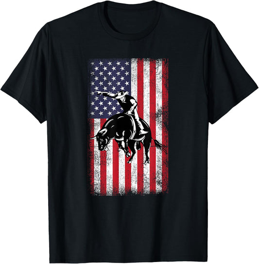 Rodeo Bull Rider Cowboys Patriotic American Flag Vintage T-Shirt - T-Shirt | Black
