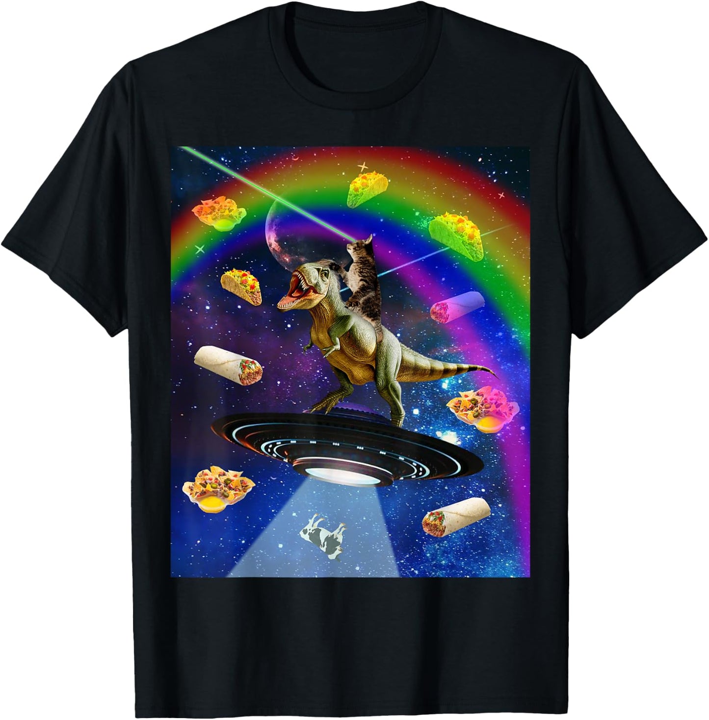 Laser Eyes Outer Space Cat Riding On T-Rex Dinosaur Women T-Shirt - T-Shirt | Black