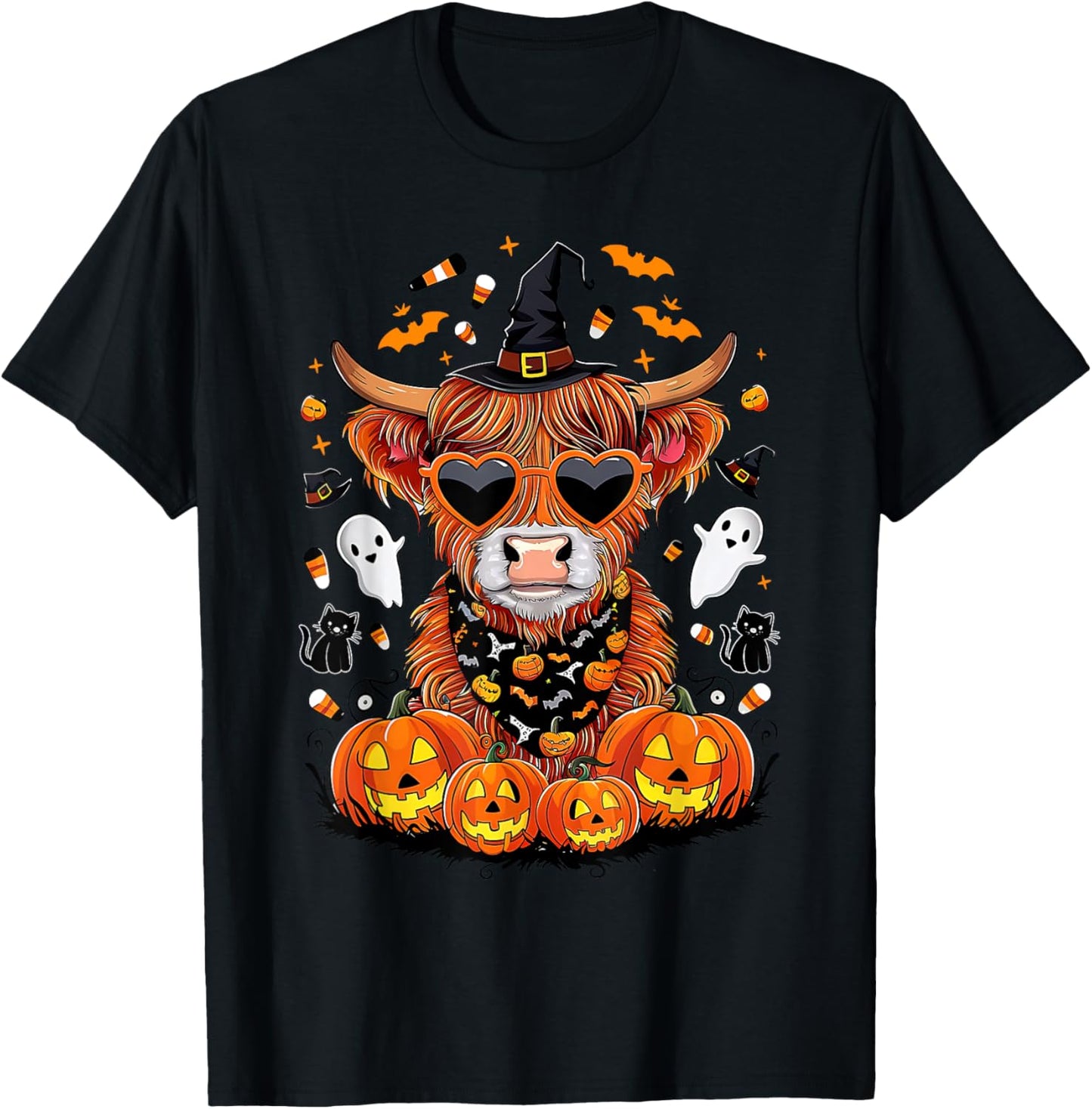 Halloween Highland Cow Farm Western Ghost Cow Witchy Pumpkin T-Shirt - T-Shirt | Black