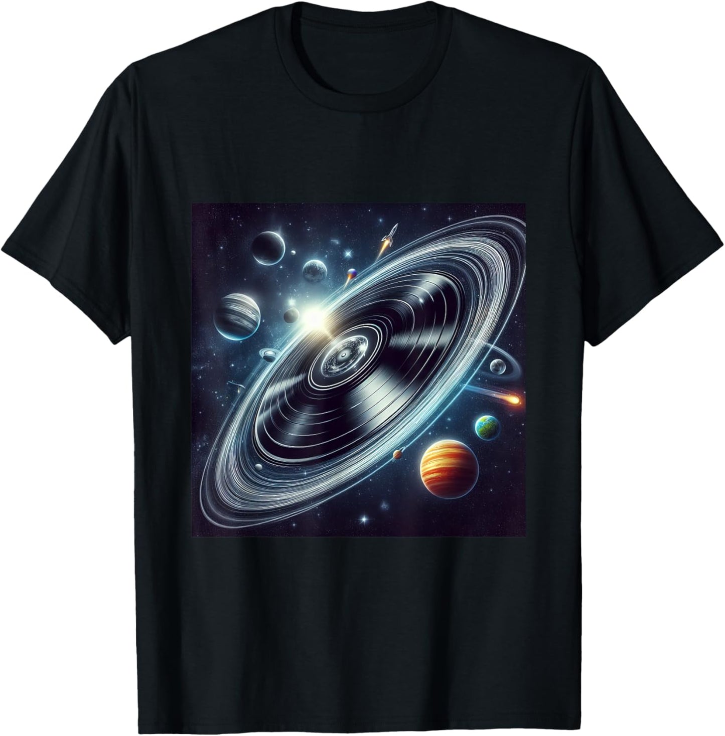 Vinyl Record Orbiting Through Space Cosmic Trails Planets T-Shirt - T-Shirt | Black