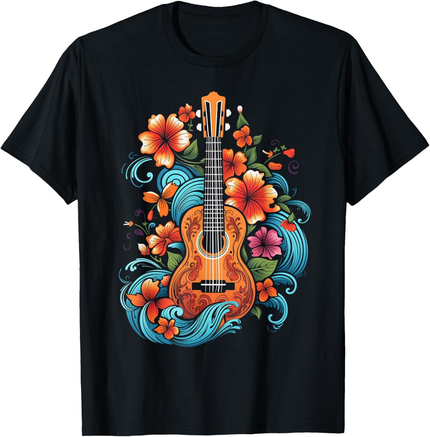 Ukulele Hawaii Hibiscus Flowers Guitar Hawaii Surfer Ukulele T-Shirt - T-Shirt | Black